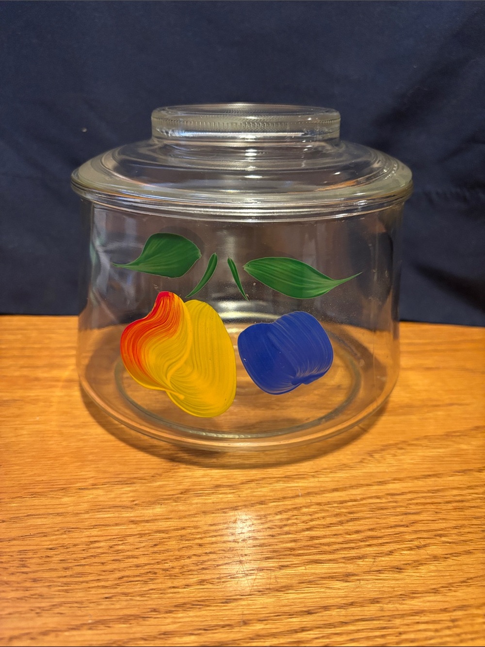 Bartlett Collins Clear Glass Canister with Yellow & Blue Fruit